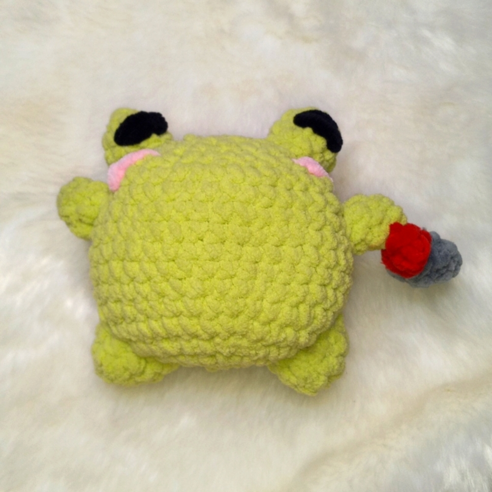 🆕 Handmade Crochet Lime Coloured Frog Holding a Knife